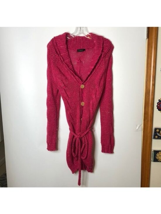 Vero Moda Sweaters - Vero Moda Womens Pink Metallic Knit Belted Collared Button Cardigan Sweater